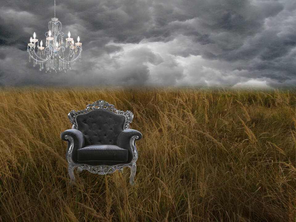 Poster art for the virtual reading of Aimee Greenberg's The Making of American Carnage. Digital photo art of a gray and cloudy sky over a wheat field. In the field is a black and silver Baroque armchair over which is hanging a crystal chandelier. 