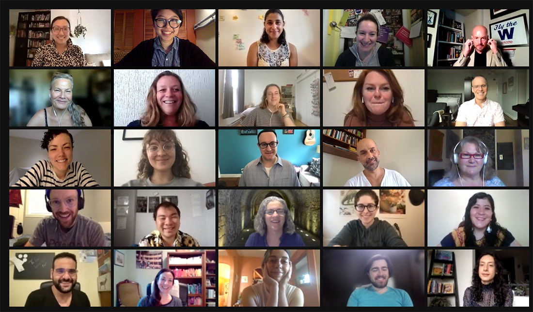 Zoom portrait collage of the first day group for the 2021 virtual edition of the Canadian Director's Lab North.