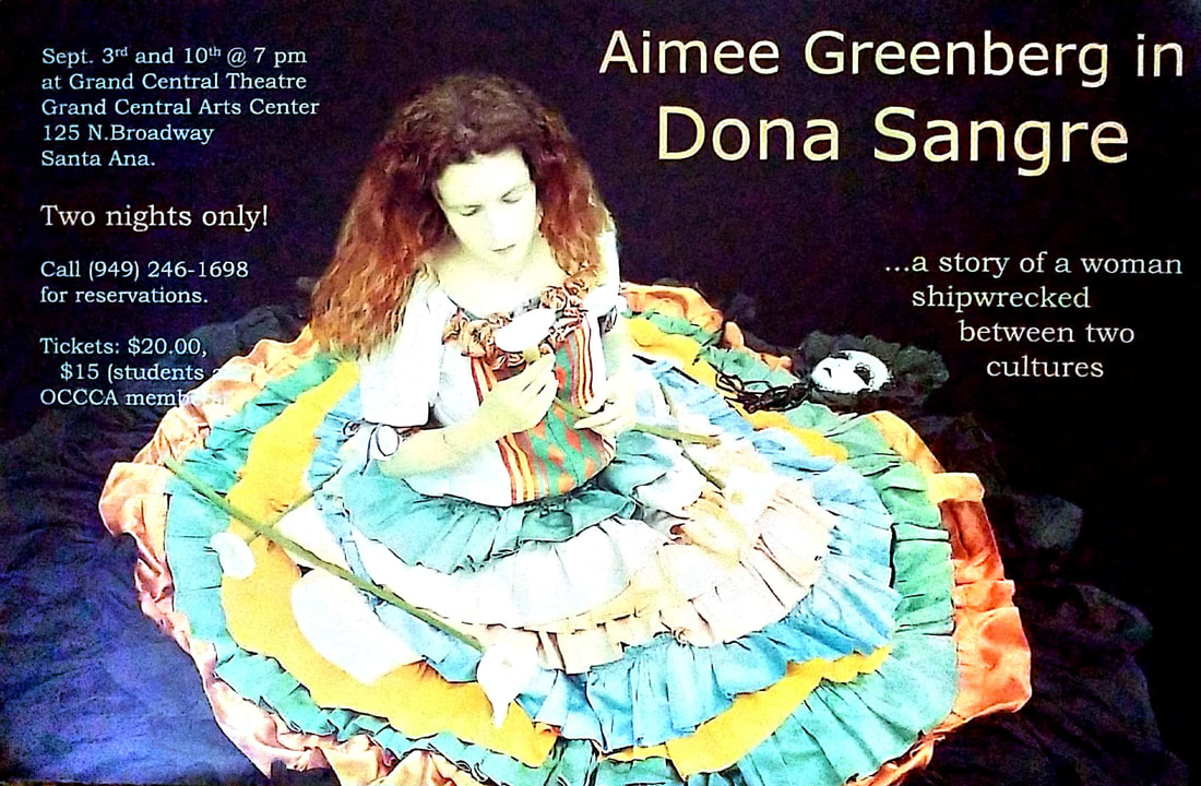 Aimee Greenberg sitting with skirt splayed out holding a lily for the Dona Sangre poster.