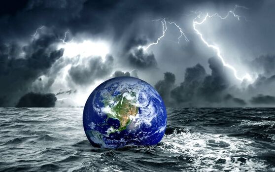 Digital art of planet Earth in ocean water under grey stormy sky and lightning.