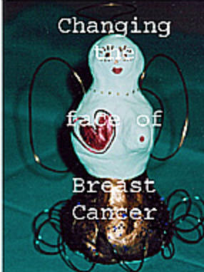 clay sculpture of an angel with one breast and a heart painted over the right breast for book cover of Changing the Face of Breast Cancer